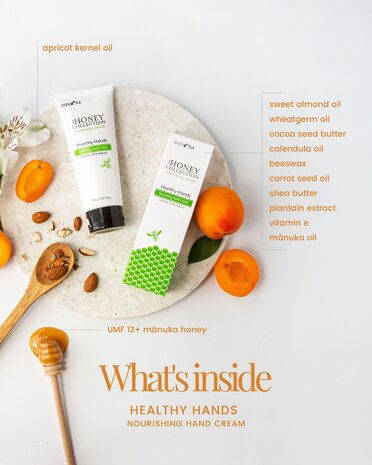 Handcr&egrave;me Healthy Hands met active manuka honing, tube 100 gram met overzicht ingredi&euml;nten